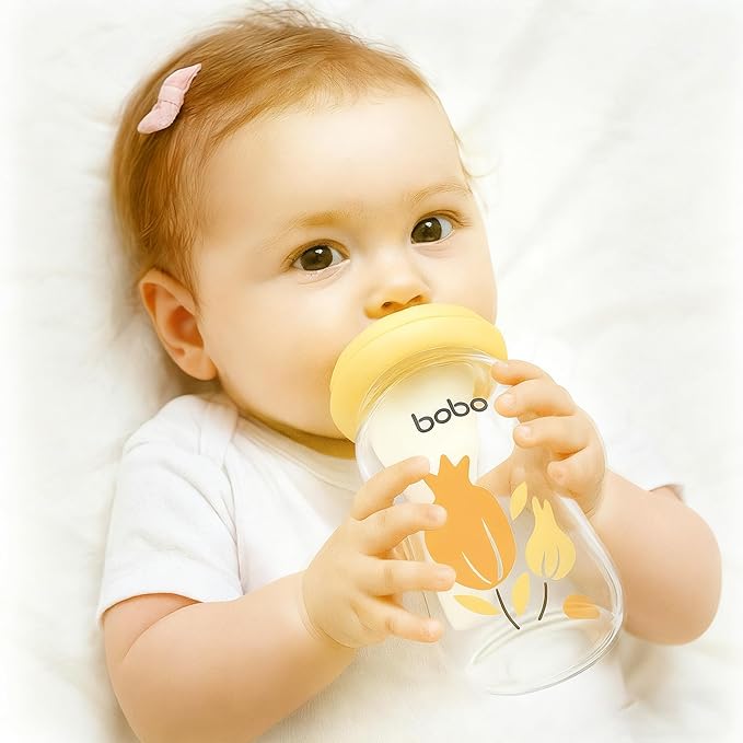 YOHKOH Natural Glass Baby Bottle with Level 1 Slow Flow Nipple, Newborn Anti-Colic Baby Bottles, Wide Neck Mushroom Baby Glass Bottle (Yellow, (5.4oz (Pack of 2))