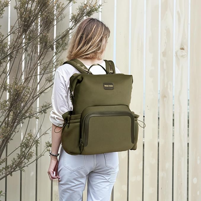 miss fong Diaper Bag Backpack - Baby Diaper Bag Neoprene Bag Large Capacity Neoprene Backpack with Diaper Changing Pad with 12 Pockets Pañaleras Para Bebe Baby Bag for Mom & Dad -Green