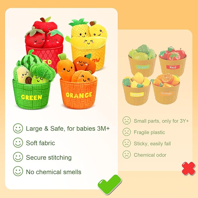 TOHIBEE Baby Sensory Toys -16 PCS Fruit Vegetable Color Sorting Play Food with Rattle,Crinkle,Baby Toys 6-12 Months Montessori Toys for 1 Year Old Boy Girl, Baby Stocking Stuffers