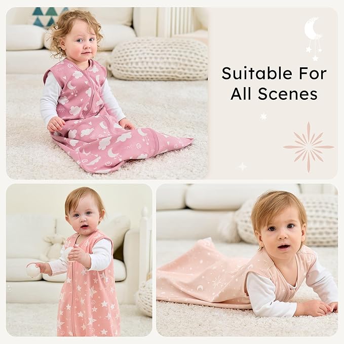 FIEMOL Baby Sleep Sack 0-6 months, 100% Cotton Sleeping Sack for Newborn and Infant, 3 Pack Baby Wearable Blanket, 0.5 Tog Lightweight Double Zipper Sleep Bag Small Pink Stars Moon