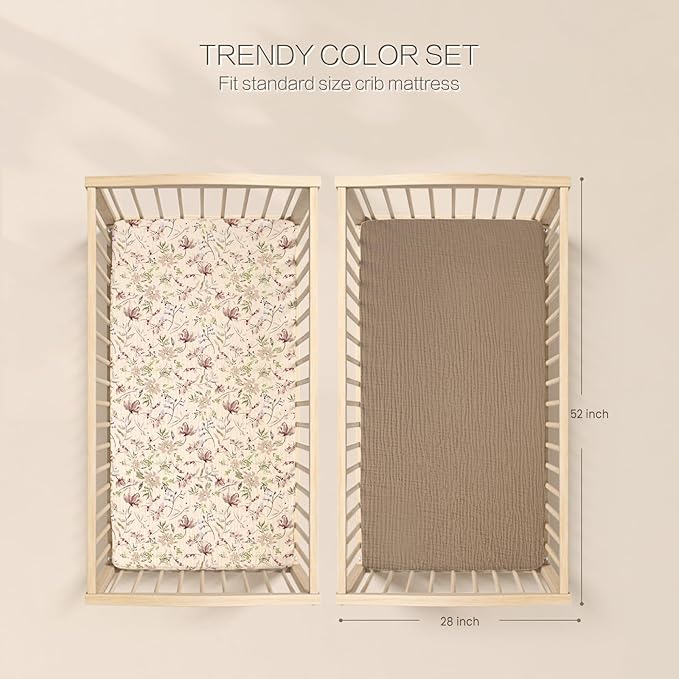 lulumoon Baby Crib Sheets Fitted: Soft Muslin Cotton Sheets for Standard Crib - Mocha Floral for Girls 2Pack