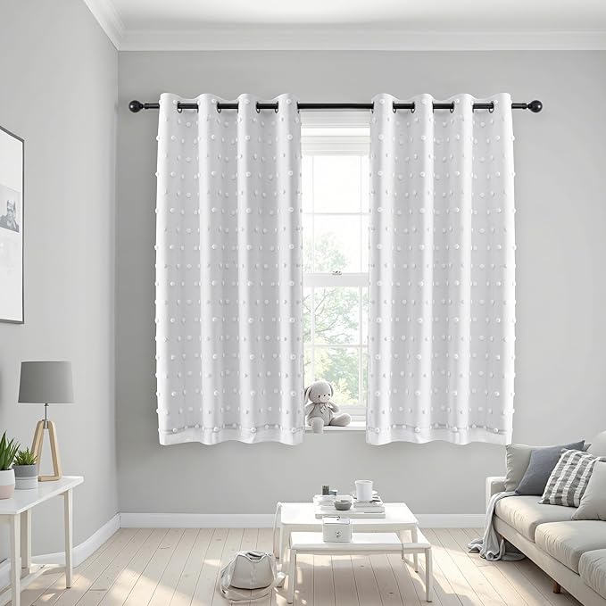 MEETSKY White Blackout Curtains for Bedroom 63 Inches Long Total Light Blocking Drapes for Nursery/Kids/Girls Room 2 Panels Grommet 100% Room Darkening Short Curtains with Pom Pom,52 x 63 Inch