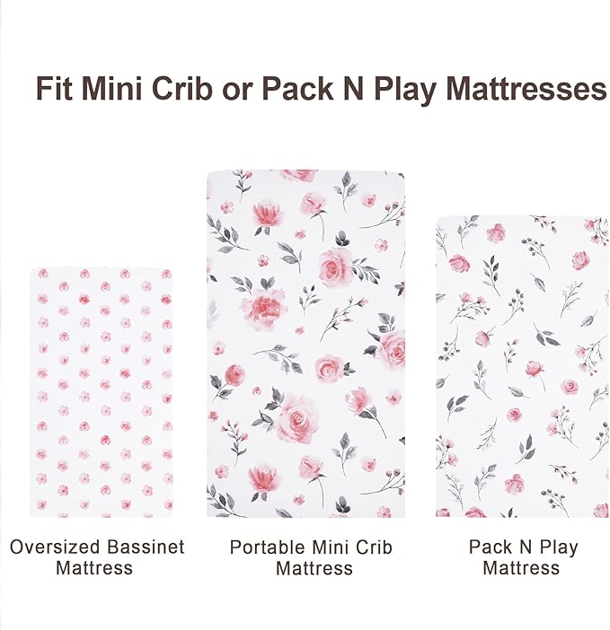 david's kids 3 Pack Mini Crib Sheets, Soft Breathable Premium Pack N Play Sheets for Baby Boys Girls Neutral, Playard and Mini Crib Mattresses, Floral Flowers