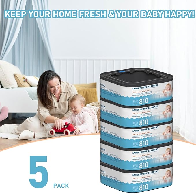 Jumbo Square Refills Disposal Bags Refill Compatible with Diaper Genie Classic, Compact and Select Pails, Hold Up to 810 Newborn-Sized Diapers Per Refill, Pack of 5