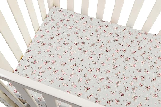 Onacosht Muslin Mini Crib Sheets, 39" x 27" Pack and Play Mattress Sheets Fitted for Pack N Play, Soft Cotton for Boys Girls, 2 Pack, Pink Blossom