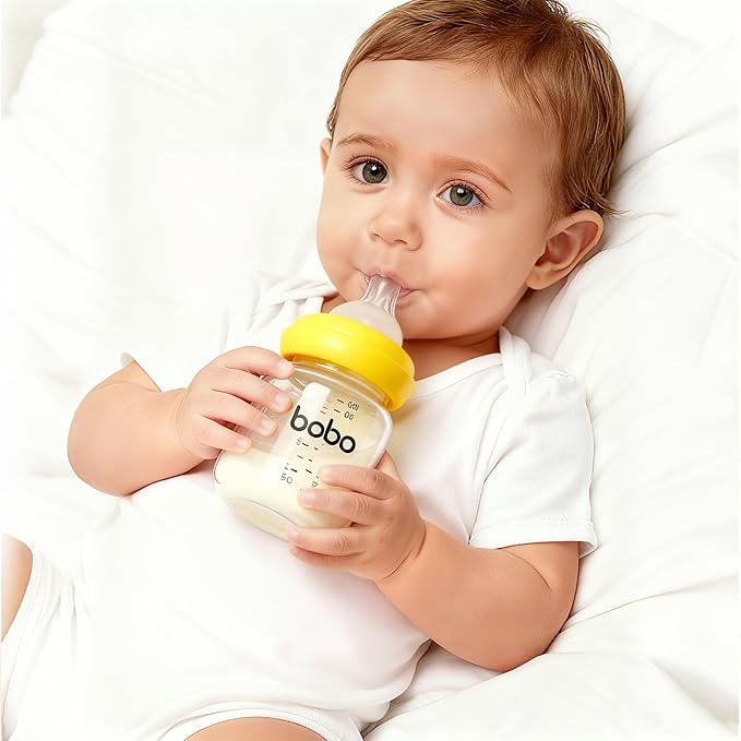 YOHKOH Natural Glass Baby Bottle with Level 1 Slow Flow Nipple, Newborn Anti-Colic Baby Bottles, Wide Neck Mushroom Baby Glass Bottle (Yellow, 3.4oz (Pack of 2))
