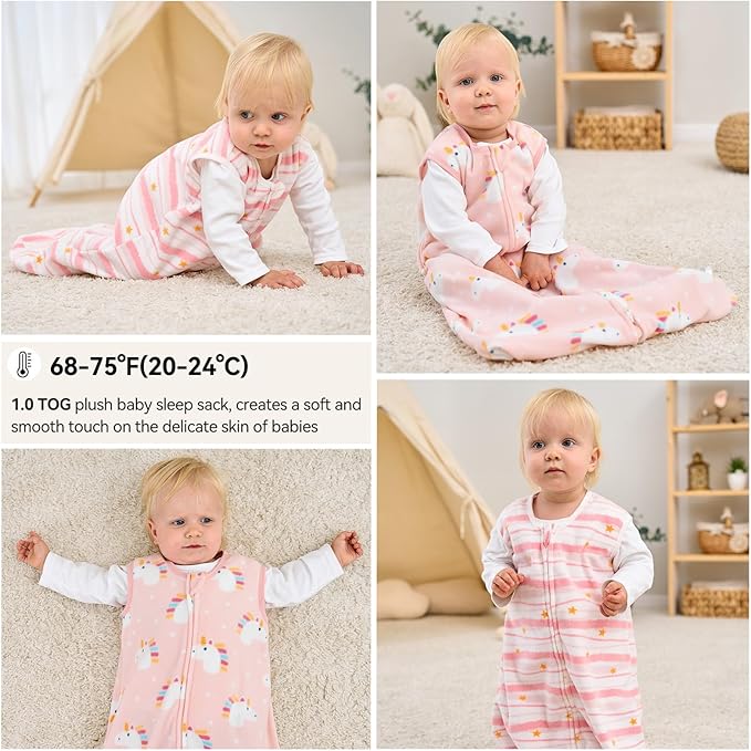 Unnivoll Fleece Baby Sleep Sack 18-24 Months 1.0 Tog Baby Wearable Blanket Microfleece Sleeping Sack with 2-Way Zipper for Toddler Infant Pink & White Unicorn