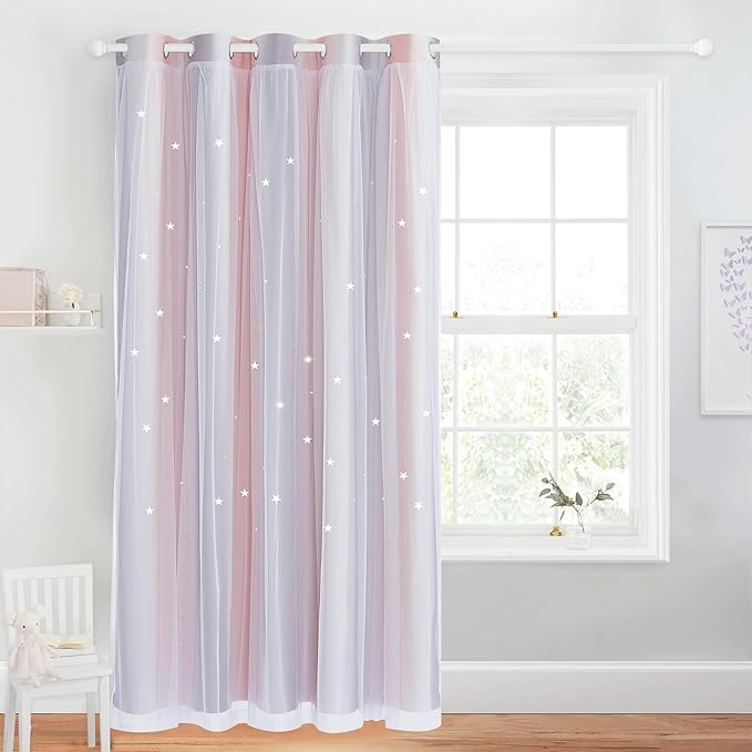 NICETOWN Pink & Grey Ombre Blackout Curtains for Kid Girls Bedroom Living Room Darking Stripe Double Layer Star Cut Out Wall Home Decor Gradient Grommet Window Curtains, 52W x 63L, 1 Panel