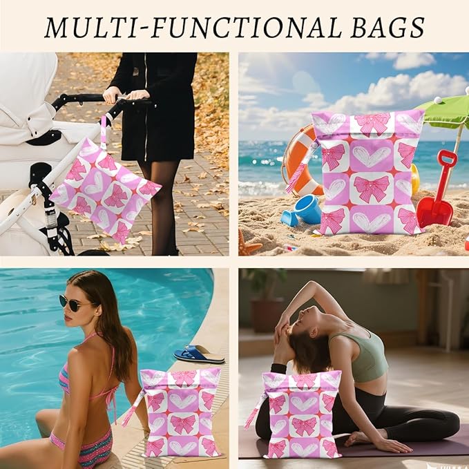 Pink Bow Wet Bags 12x10 Inch, Grid Waterproof Travel Laundry Bags, Heart Washable Reusable Wet Dry Bag for Swimsuit Pool Beach Diapers Dirty Yoga Gym Clothes, Pink Gifts for Women Friend Travelers