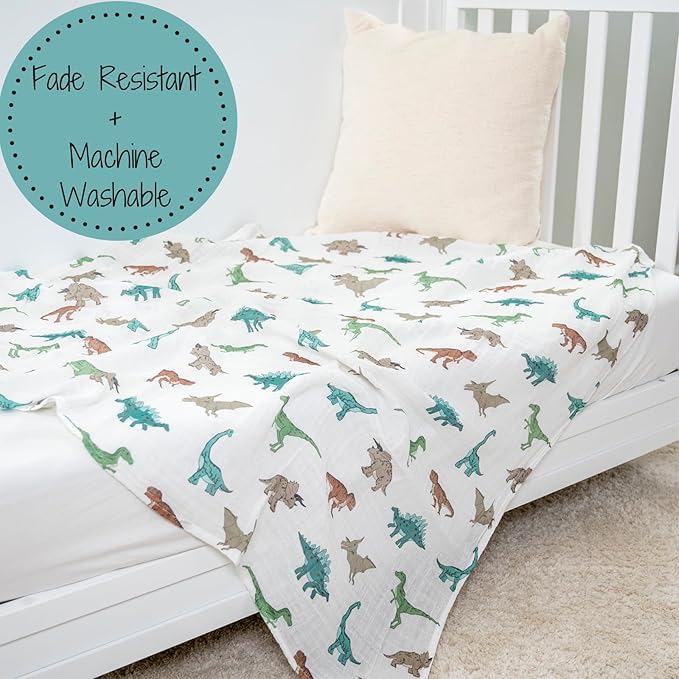 LollyBanks Baby Blanket, 100% Cotton Muslin Swaddle Blankets for Boys, Large 47 x 47 Inches Newborn Blanket, Soft and Breathable Receiving Blankets, Baby Essentials, Registry (Dinosaur Print)
