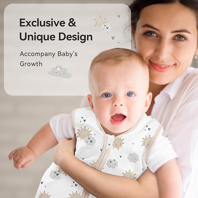 Unnivoll Baby Sleep Sack 18-24 Months 0.5 Tog Wearable Blanket Baby, 3 Pack 100% Cotton Lightweight Sleeping Sack with 2-Way Zipper for Infant Toddler Apricot White Sun Clouds
