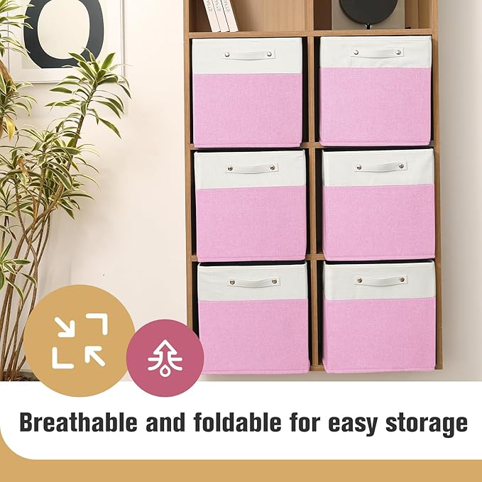 13 x 13 Inch Fine Linen Storage Bins with Handles,Fabric Cube Boxs,Basket Organizers for Shelves for Home, Closet Drawers (White/Pink-6 Pack)