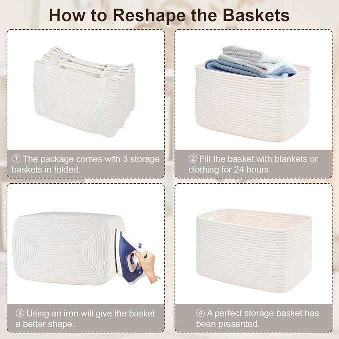 Woven Storage Baskets, White Baskets for Organizing, 3 Pack Woven Basket for Storage, Storage Baskets for Shelf, Towel, Toy, Book, Closet, Baby 15"×10"×9"