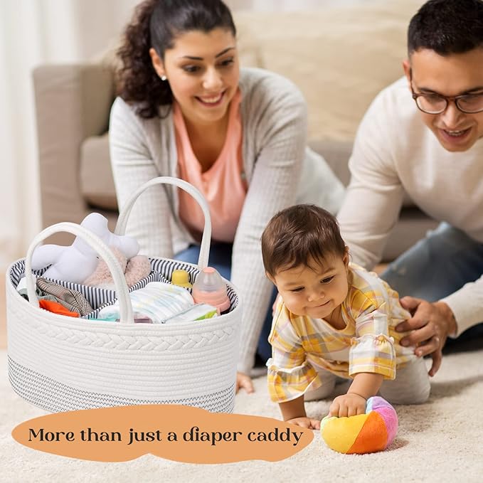 luxury little Diaper Caddy Organizer, Large Cotton Rope Nursery Baby Basket, Changing Table Organizer for Baby Diaper Storage, Portable Car Organizer Removable Divider (Off White, Extra Large)