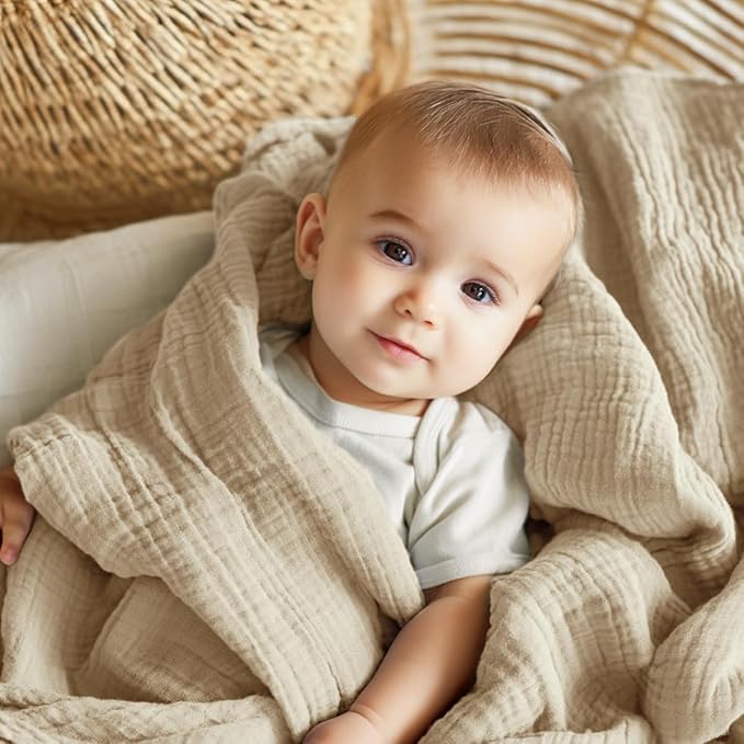 EMME Muslin Baby Blankets 100% Cotton 4-Layer Swaddle 40"x50" Lightweight Soft Breathable Light Tan for Toddler, Infant, Newborn, Boys and Girls All Season Gauze
