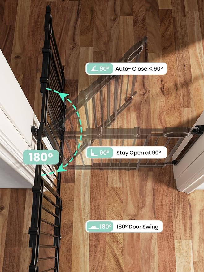 Grownsy No Bottom Bar Baby Gate for Stairs, Adjustable Width 29.8โ to 43.5โ for Child and Pet, Dog Gate with Auto-Close & Walk Through, Hardware-Mounted Install for Doorways and Indoor Use,Black