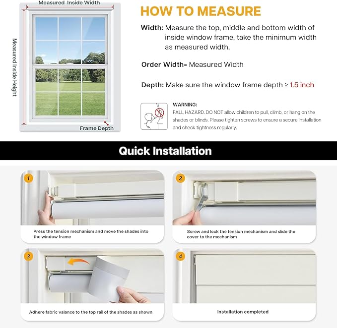 LazBlinds Custom Size No-Drill Blackout Blinds - Easy Install for Renters & Child Safe Cordless Roller Shades, Thermal Insulated for Home Office, 100% Light Blocking, Blackout-Cream