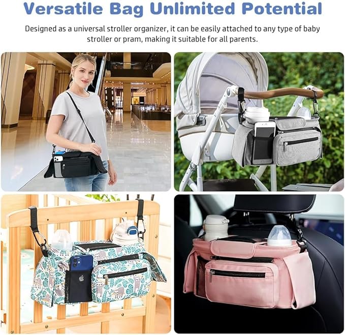 Baby Stroller Organizer, Universal Stroller Organizer with Detachable Phone Bag, Stroller Caddy with 2 Insulated Cup Holders, Buggy Organizer Bag with 2 Hooks Fits Most Strollers (Sloth)