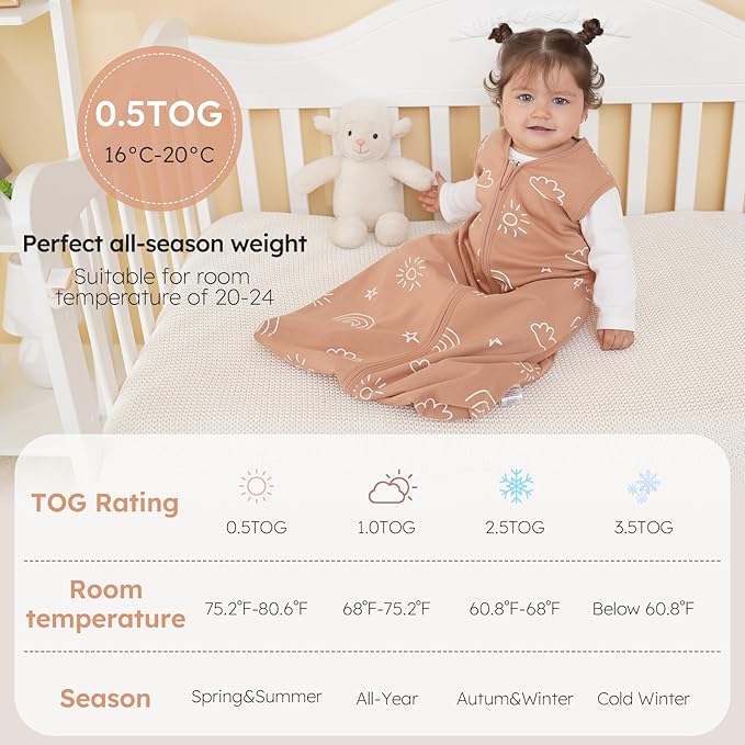 Yoofoss Baby Sleep Sack 12-18 Months 0.5 TOG Baby Wearable Blanket, 100% Organic Cotton Infant Toddler Sleeping Sack 2-Way Zipper Lightweight Sleep Sack, Grizzly
