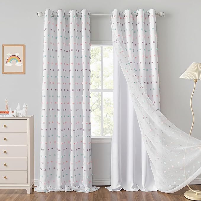 MYSKY HOME 90 Inches Long White Curtains with Rainbow Pom Pom Sheer for Living Room Nursery Curtain Girl Kids Bedroom Double Layer Room Darkening Window Panels for Toddler Grommet, 52" Wide, 2 Pieces