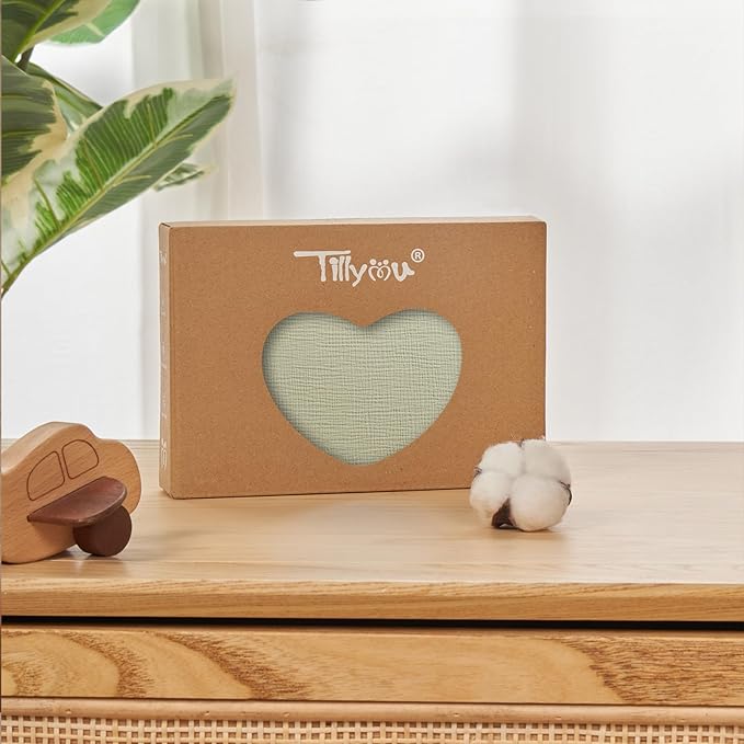 TILLYOU Muslin Mini Crib Sheets 2 Pack, Pack and Play Mattress Sheets Fitted for Pack N Play, 38 x 26 Sheet for Toddler, Forest Green and Light Green