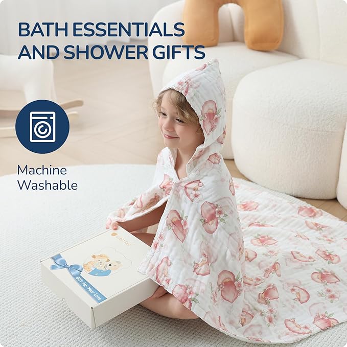 Toddler Hooded Bath Towels,100% Cotton Muslin Baby Towels for Boys Girls,Ultra Soft & Absorbent Quick Dry Kids Towel for Beach,Pool,Bathroom,Large 43x43 Inch