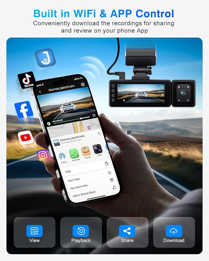 4K Dash Cam Front and Rear, 3 Channel Dash Camera with IMX335 Night Vision, WiFi GPS, Voice Control, 2K+1080P+1080P Dash Camera for Cars (64GB Card Included) Black