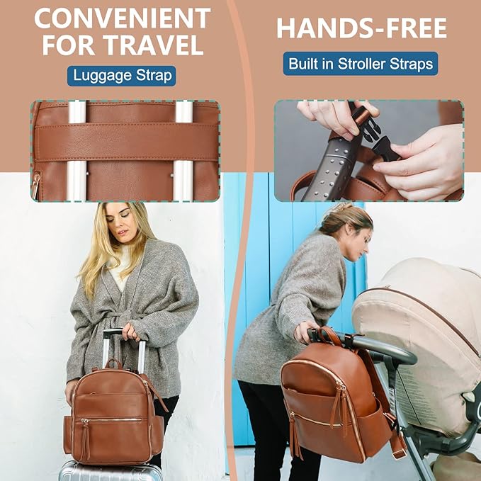 MOMINSIDE Small Diaper Bag Backpack, Mini Diaper Bag with 11 Pockets, Leather diaper backpack, Baby Diaper Bag for Baby Girls, 2 Insulated Pockets, Stroller Straps (Brown)