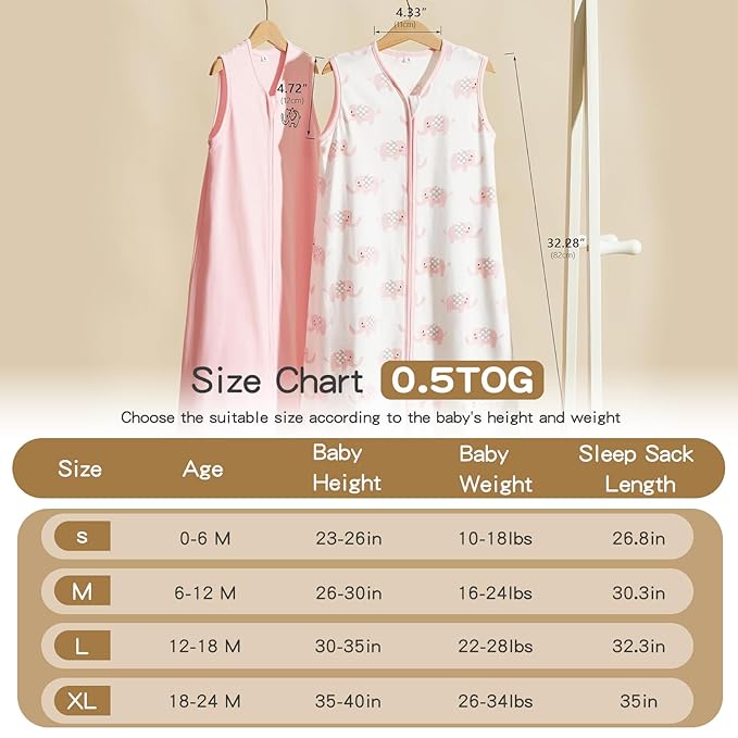 TILLYOU 2 Pack Baby Sleep Sack 18-24 Months 100% Cotton Wearable Blanket 0.5 TOG Sleeveless Summer Sleep Sacks with 2-Way Zipper, Pink Elephant