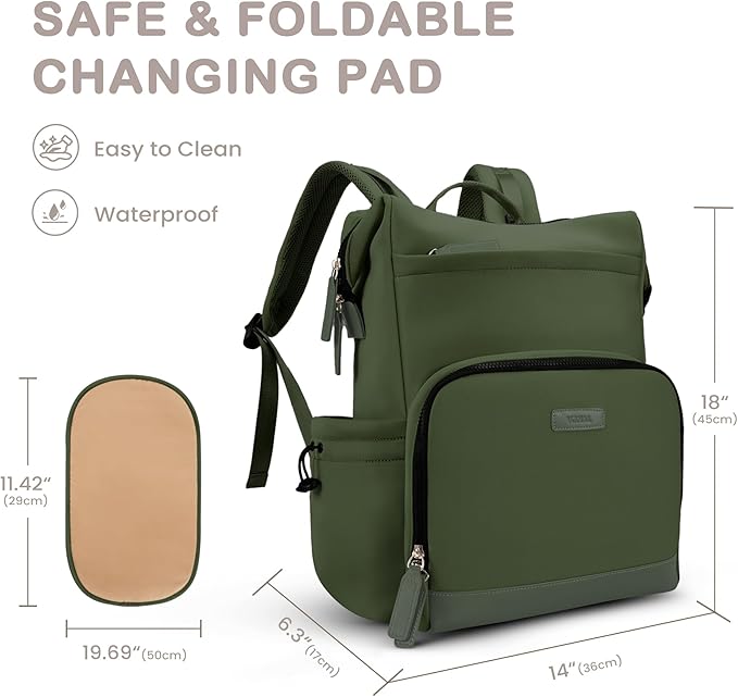 VONAL Neoprene Diaper Bag Backpack with Changing Pad, 33L Large Capacity Neoprene Backpack Baby Diaper Bag with Insulated Pockets, Travel Diaper Backpack Baby with 12 Pockets for Mom & Dad, Green