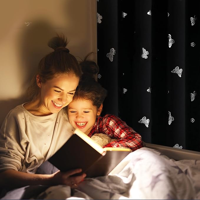 Jubilantex Black Silver Butterfly Blackout Curtains Metallic 63" Long for Bedroom Nursery Thermal Insulated Window Curtains Grommet 52" Wide,2 Panels