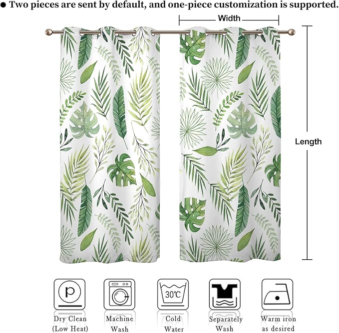 Renaiss Green Leaf Blackout Curtains, Tropical Safari Plants Patterned Thermal Insulated Bedroom Window Curtains, Eucalyptus Botanical Window Curtains for Kitchen, 45" L x 29" W 2 Panel Set