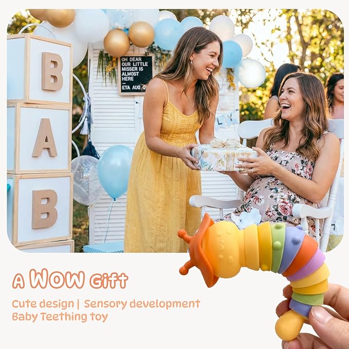 Baby Teething Toy, Caterpillar Silicone Baby Teether Rattle Toys, BPA-Free Sensory Development & Color Recognition Learning for 0 6 10 12 18 Babies Toddler Teething Relief LC1