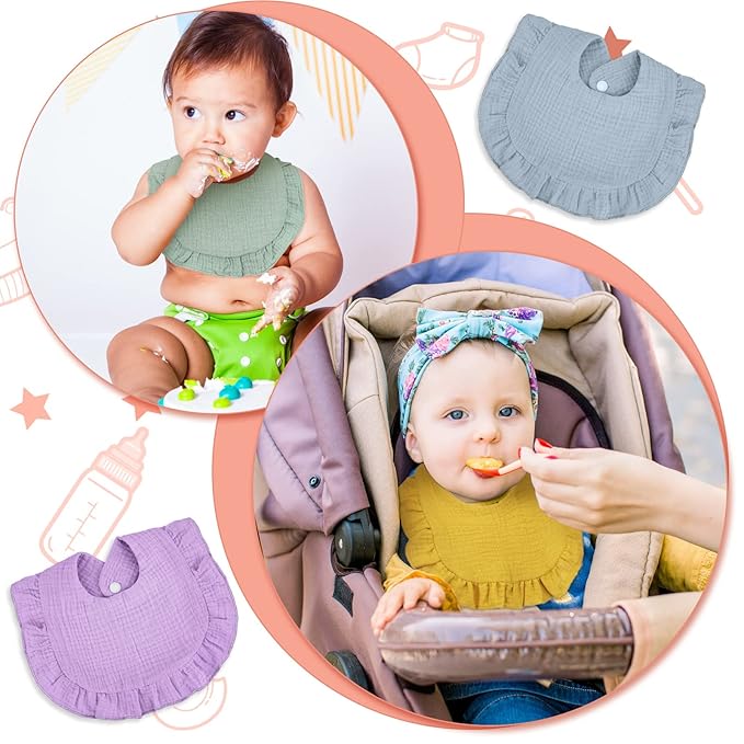 Seematn 10 Pcs Baby Muslin Bibs for Unisex Girls & Boys Drool Bibs Bandana Ruffle Soft Cotton for Newborn Infants Toddlers(Light Colors)