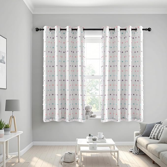 MEETSKY Kids Blackout Curtains for Girls/Boys Bedroom Nursery Pink Purple Blue Curtains with Rainbow Pom Pom Sheer Room Darkening Window Drapes for Kitchen Grommet Set of 2, 52" W x 63" L