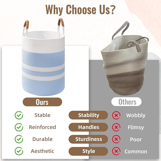 60L Striped Laundry Basket, Blue Laundry Hamper with Leather Handles, Woven Cotton Rope Storage Bin for Blankets, Nursery Hamper for Clothes, Toys In Bathroom, Livingroom, Bedroom