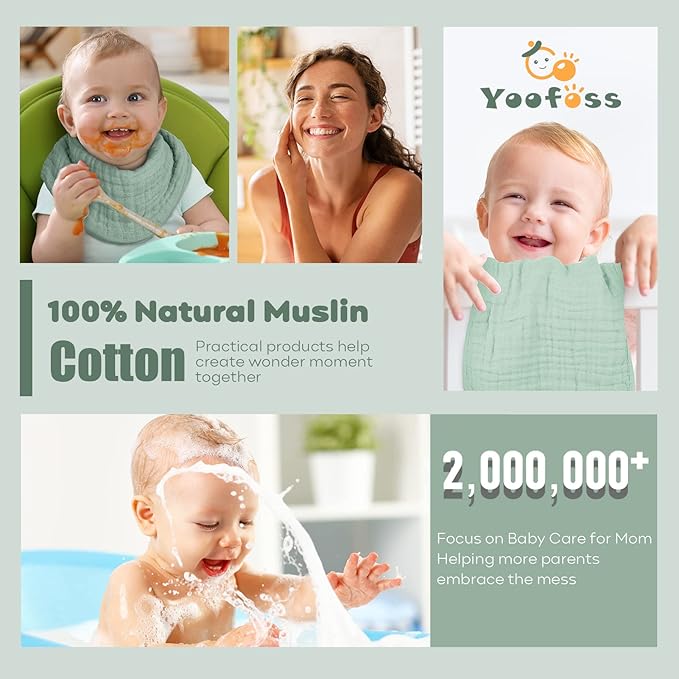 Yoofoss Muslin Burp Cloths for Baby 10 Pack 100% Organic Cotton Baby Washcloths for Boys Girls Large 20''X10'' Super Soft and Absorbent Gradient Green