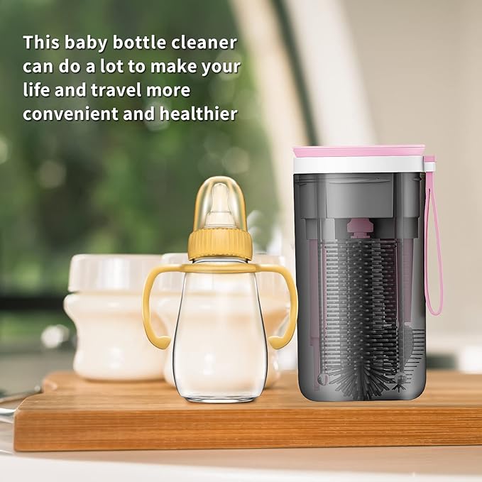 WHNL Baby Bottle Brush Set with Drying Rack, Soap Dispenser, and Case, Pink