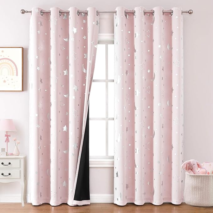 WUBODTI Pink Curtains for Girls Bedroom 100% Blackout Star Curtains for Baby Nursery Kids Room 72 Inch Length, Cute Silver Star Patterned Space Theme Thermal Insulated Curtain Drapes 2 Panel Sets