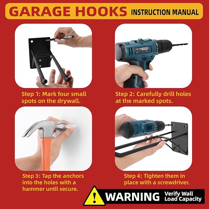 14'' Large Garage Hooks with 3 Support Rods, Heavy Duty Steel Garage Storage Wall Hooks for Garden Tool Organizer, Shed Organizer, Ladder Hooks, Car Tires, Chairs 4 Pack