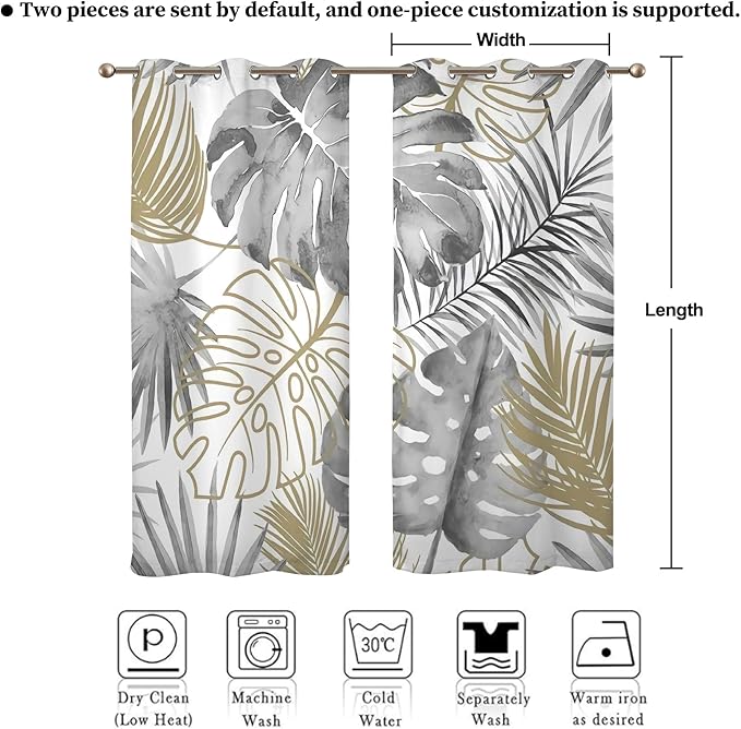Renaiss Tropical Leaf Blackout Curtains, Gray Palm Monstera Leaf Thermal Insulated Bedroom Window Curtains, Botanical Plants Window Curtains for Kitchen, 45" L x 29" W 2 Panel Set