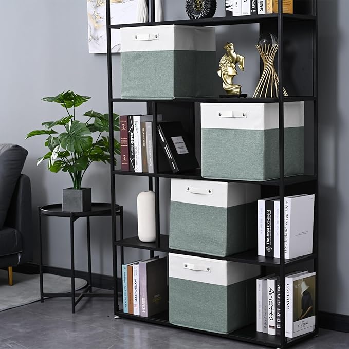 13 x 13 Inch Fine Linen Storage Bins with Handles,Fabric Cube Boxs,Basket Organizers for Shelves for Home, Closet Drawers (White/Green-4 Pack )