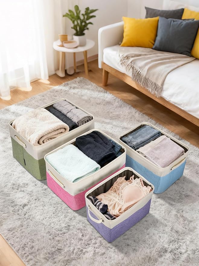 BALEINE 4 Pack Fabric Storage Bins for Shelves, Linen Storage Baskets for Organizing, Decorative Closet Bins for Clothes, Home (Brown, 15"x11"x9.5")