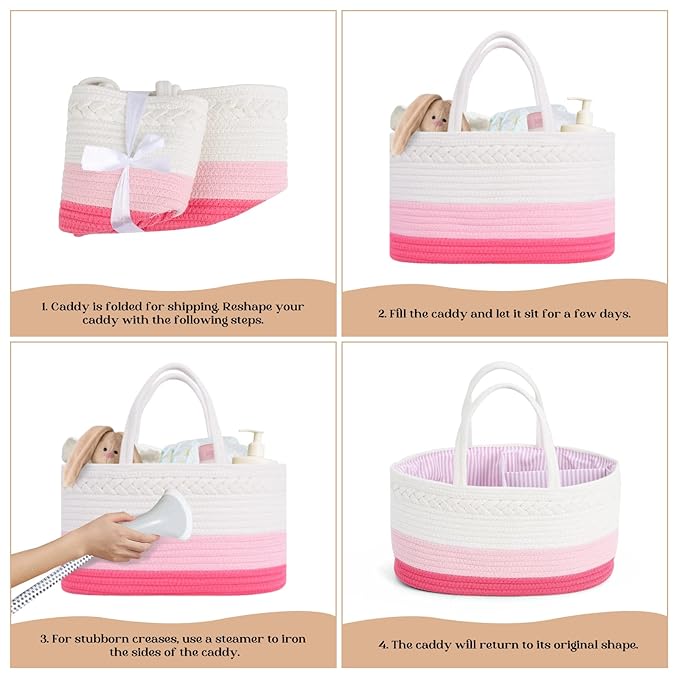 luxury little Diaper Caddy Organizer, Large Cotton Rope Nursery Baby Basket, Changing Table Organizer for Baby Diaper Storage, Portable Car Organizer Removable Divider (Pink, Large)