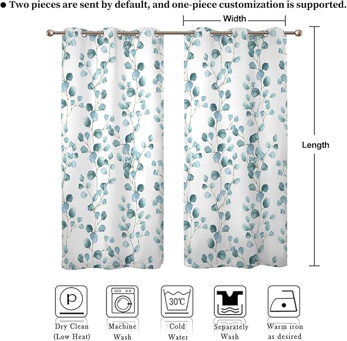 Renaiss Eucalyptus Leaf Curtains Green Eucalyptus Print Blackout Window Drapes for Bedroom Botanical Grommet Top Thermal Insulated Window Curtains for Living Room 53W x 96L 2 Panel Set