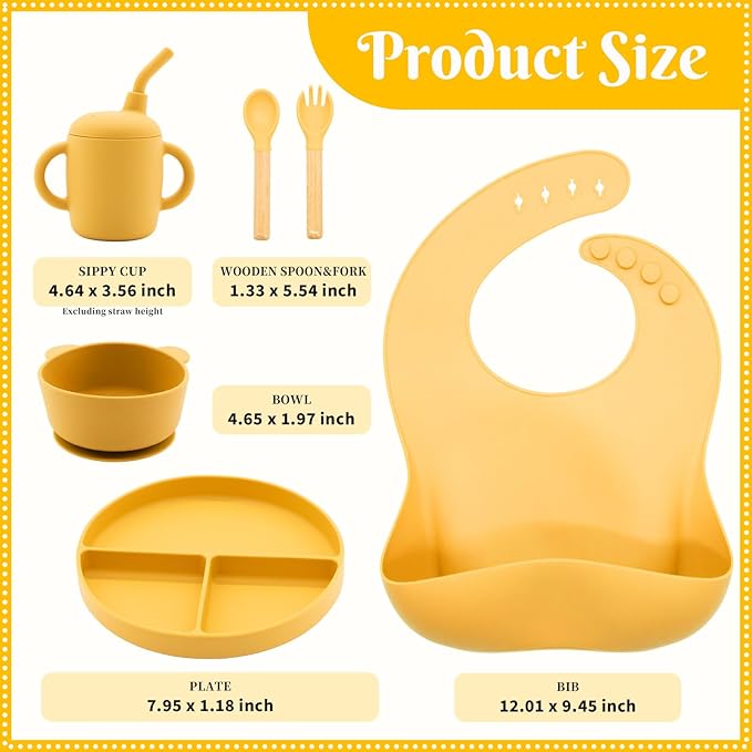 CHCC Silicone Baby Feeding Set 6 Pcs, Baby Led Weaning Supplies, Baby Feeding Supplies Set BPA Free, Baby Essentials for Newborn Gift Yellow