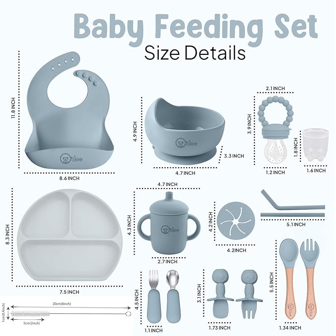 O'doe 17-Piece BPA-Free Silicone Baby Feeding Set | Thick & Soft Suction Plates, Baby Bowls, Wooden Fork & Spoon, and More | Make Mealtime Fun and Easy for Your Little One (Blue, V2)