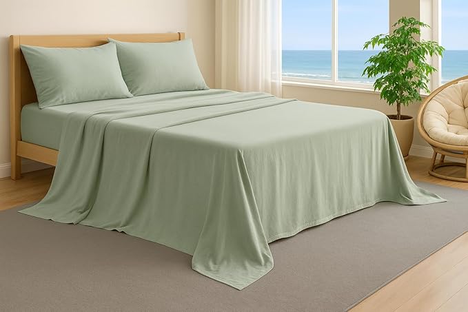100% Cotton Bed Sheet Set with Deep Pocket - T-Shirt Fabric Jersey Knit - Extra Soft - Easy Fit - 3 Piece Set with a Pillowcase - All Season - Comfy – 3 pcs (Mineral Green, Twin)