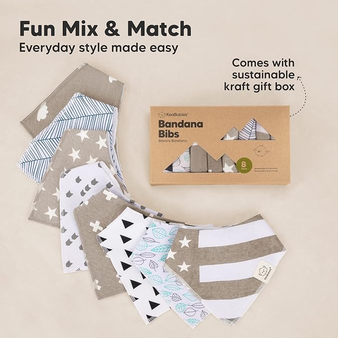 KeaBabies 8-Pack Organic Baby Bandana Bibs for Boys, Girls - Super Absorbent Triangle Baby Bibs for Drooling and Teething Infant, 100% Cotton Extra Soft for Newborn, Infant 0-36 Months (Grayscape)