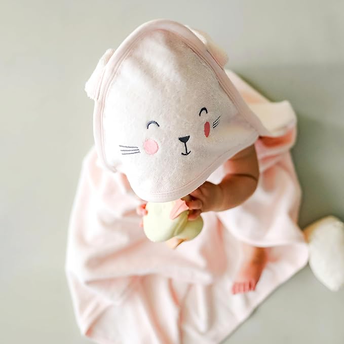 CuddleBug Premium Hooded Baby Bath Towel & Washcloth Set (Bunny) - 100% Cotton Terrycloth Hooded Baby Towels for Newborn & Toddler, Super-Soft & Absorbent, Newborn Essentials (30" x 30") - Blush Pink